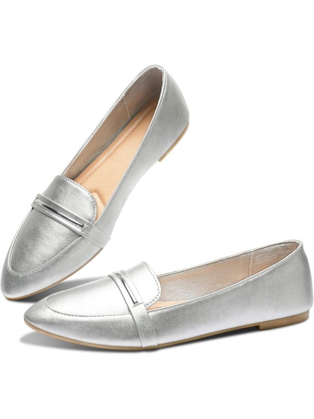 Women's Silver Faux Suede Leather Pointy Toe Penny Loafers Slip On Ballet Flats